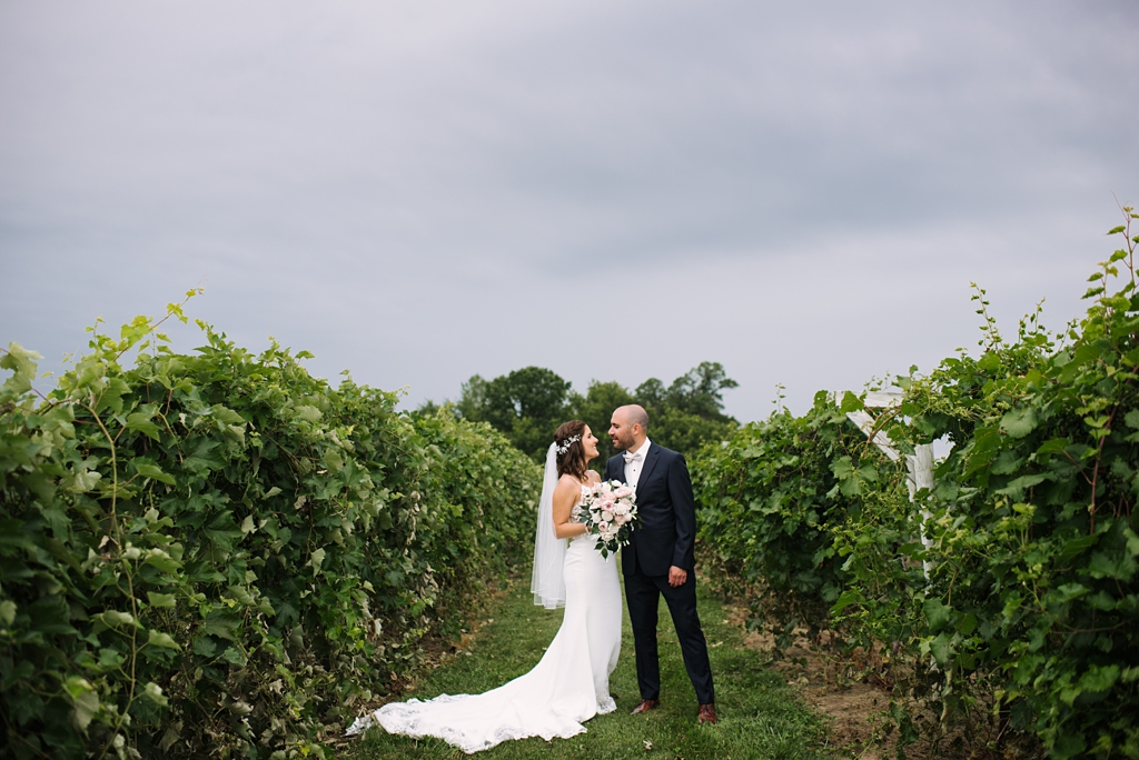 bride and groom in grape field with stormy sky