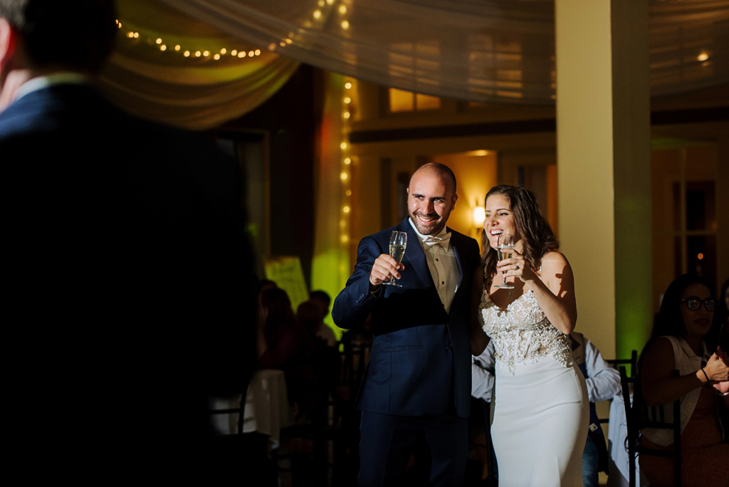bride and groom toasting at winery wedding reception