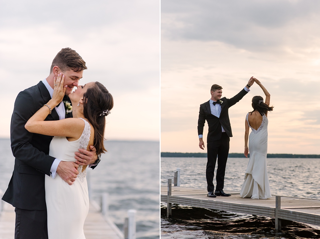 newlyweds dance at sunset on lake dock