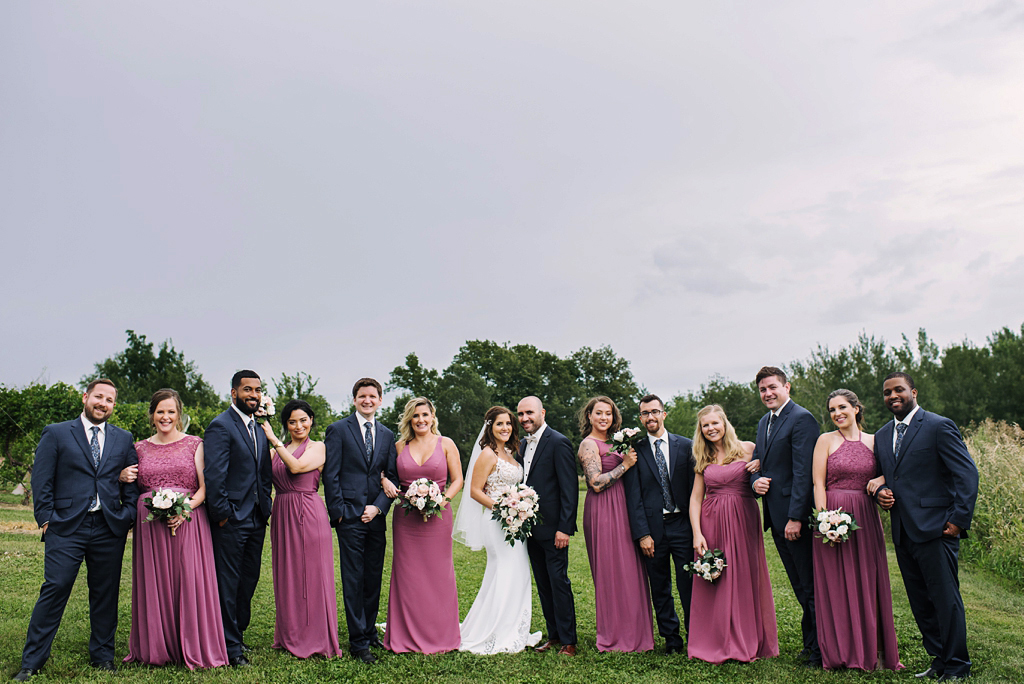 formal image of wedding party in winery grape grove