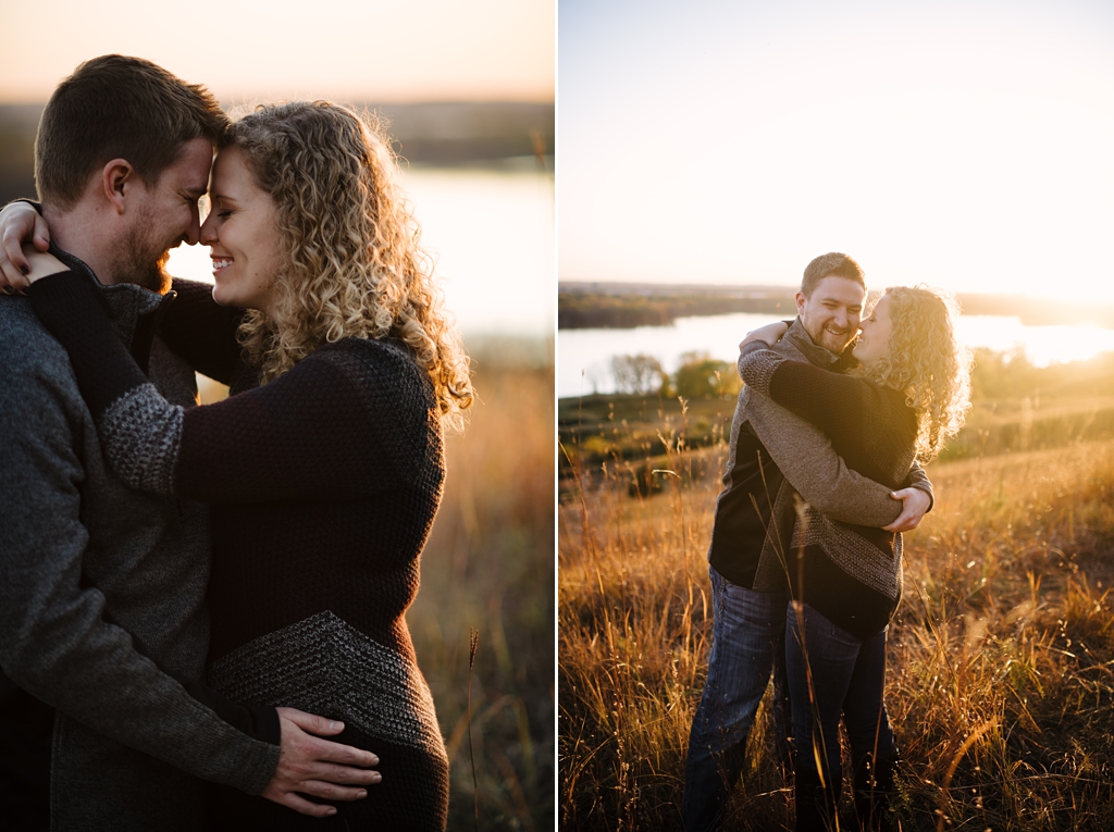 playful couple hugging during sunset for their engagement photos