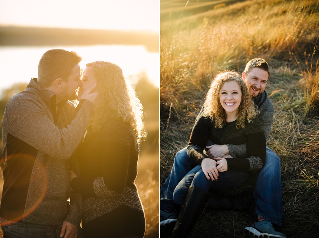 couple hugging and kissing during a golden sunset engagement