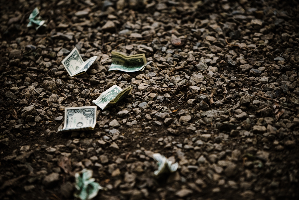 dollar bills on the ground at multicultural camp wedding