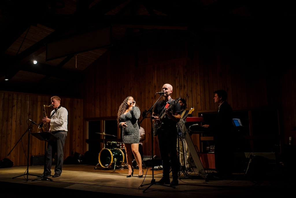 blue water king band playing at ymca camp wedding reception