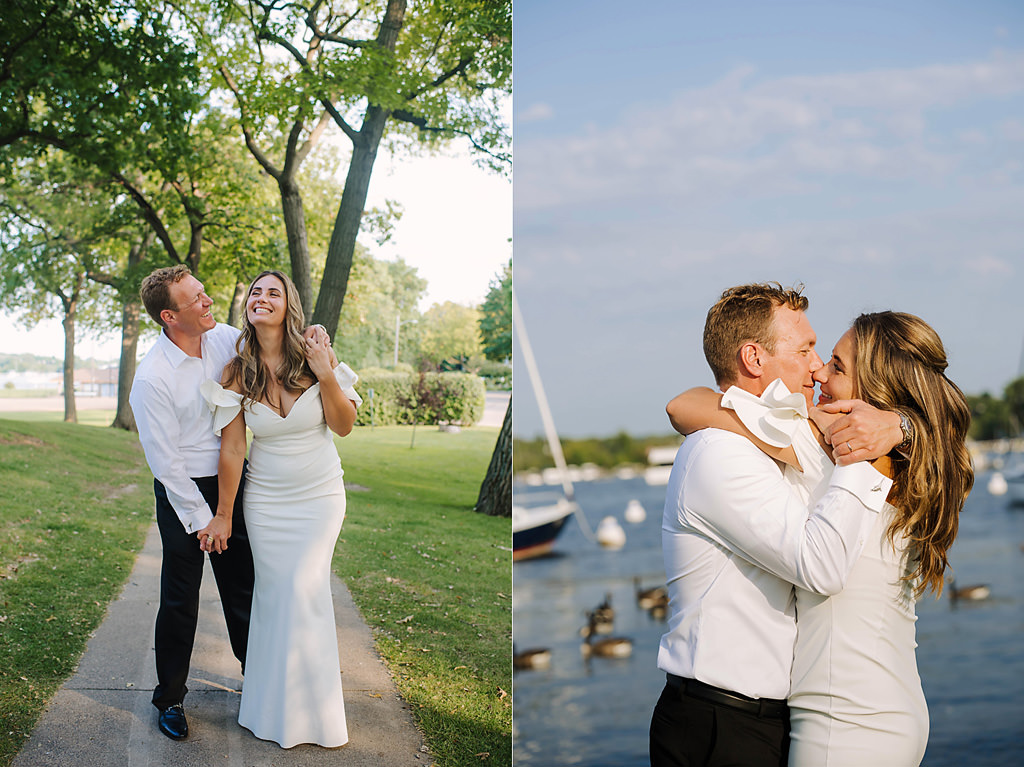 newlyweds walk through lakeside park after elopement ceremony