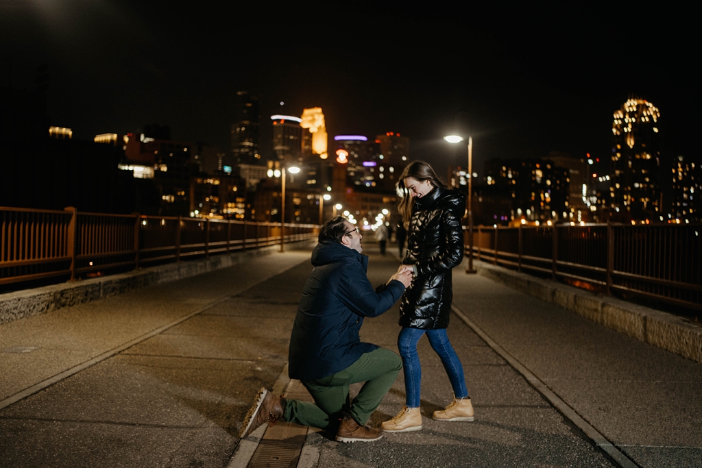 Night proposal at Minneapolis stone arch bridge 