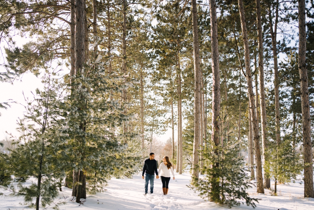couple holding hands beneath tall pine trees in snow
