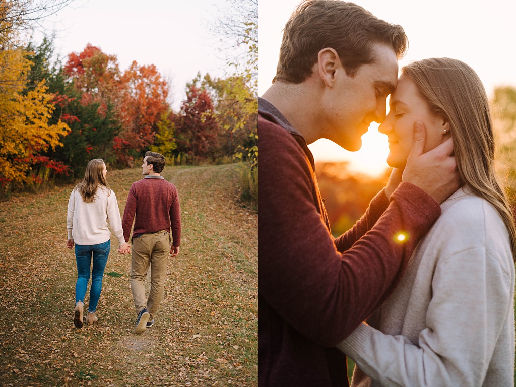 fall engagement session with colored leaves at sunset