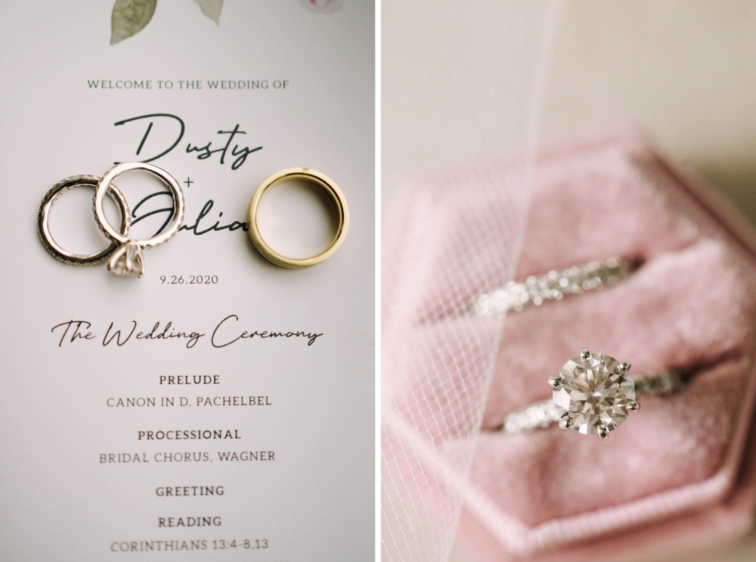 detail of wedding invitation and rings