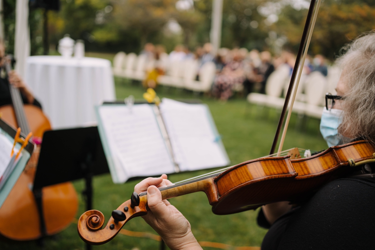string players at outdoor minnesota fall wedding