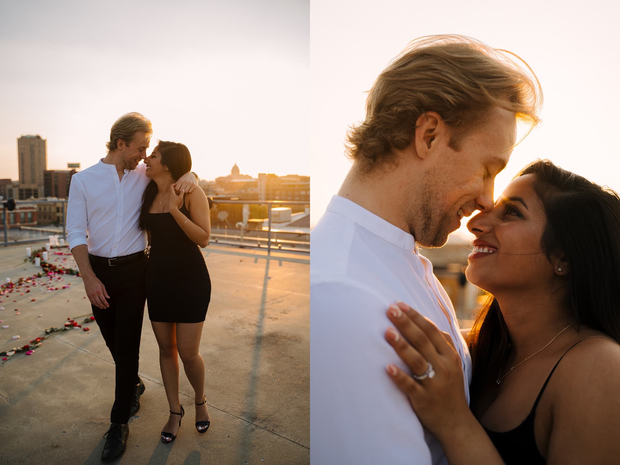 engaged couple on st paul rooftop at sunset