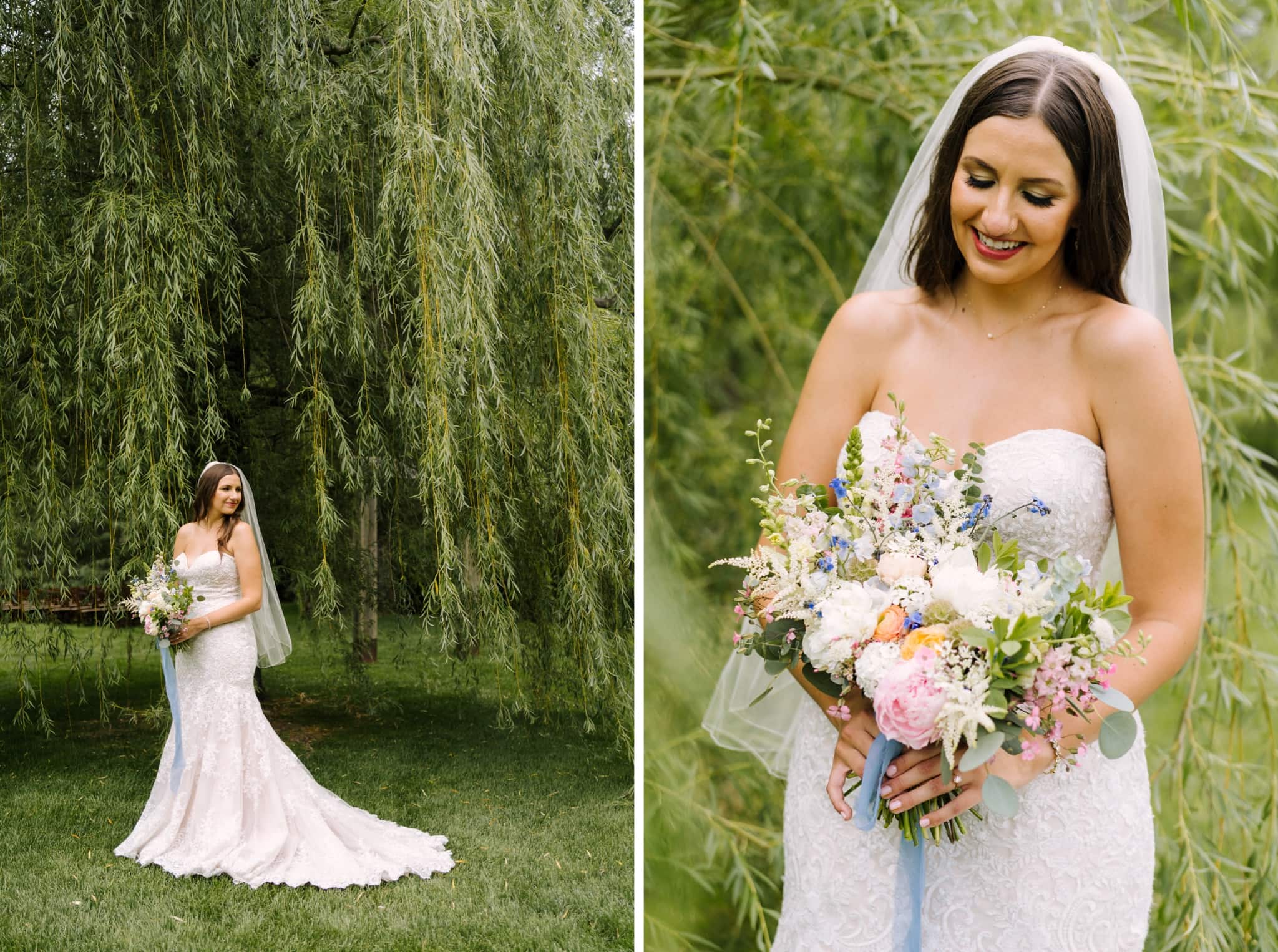 bride posing with bouquet beneath weeping willow