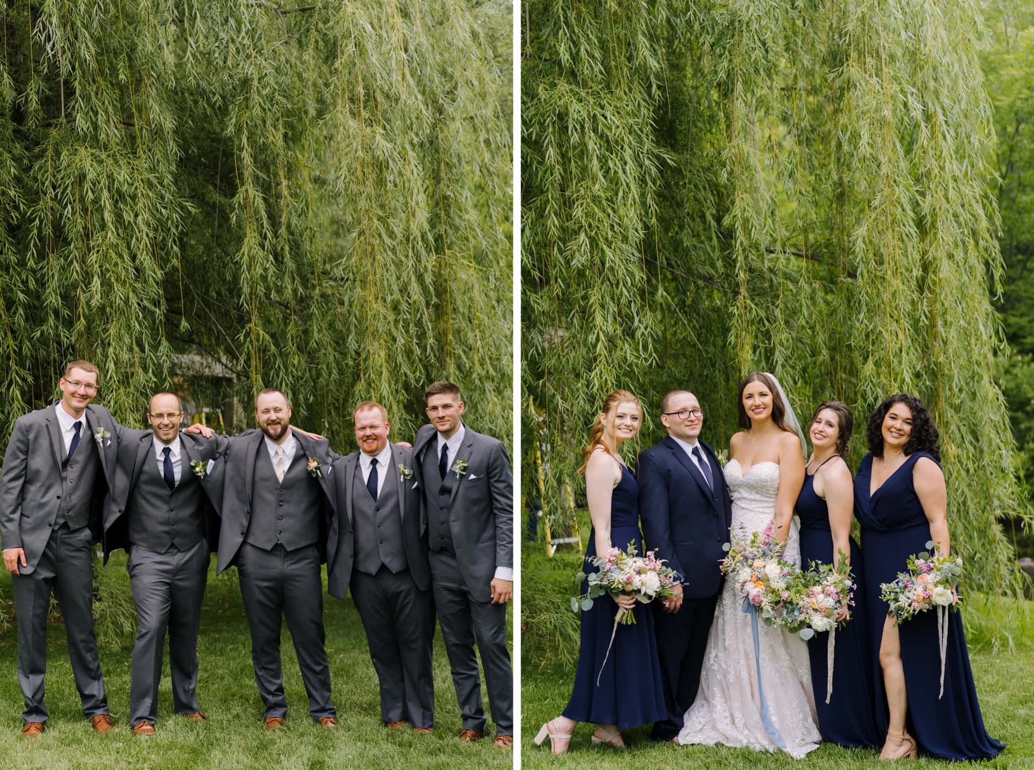 wedding party beneath willow tree at creekside farm