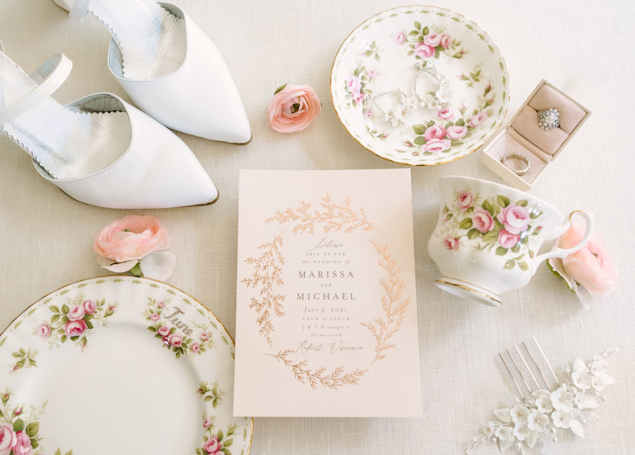 garden party wedding invitation with tea set