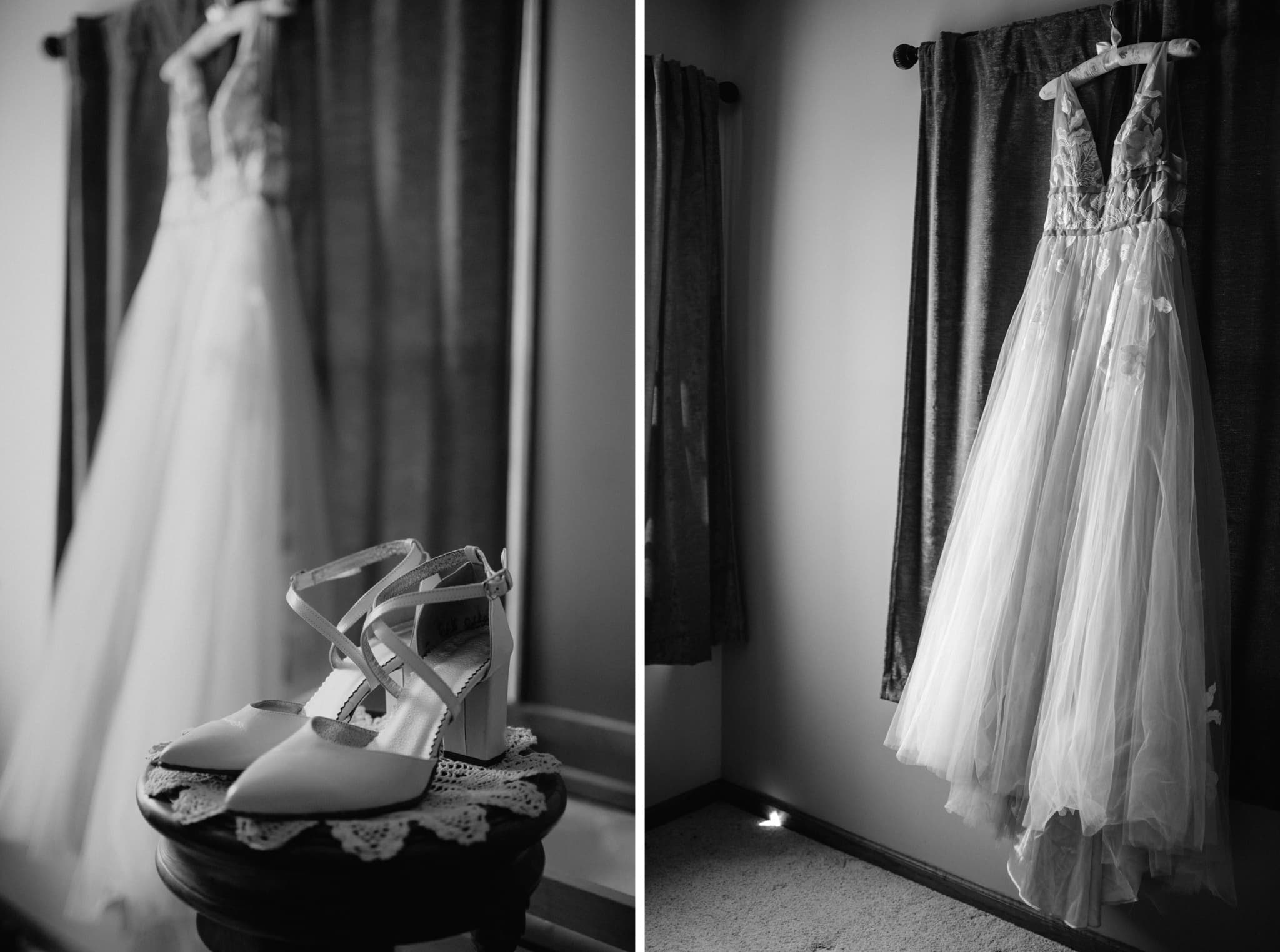 black and white image of wedding dress and shoes