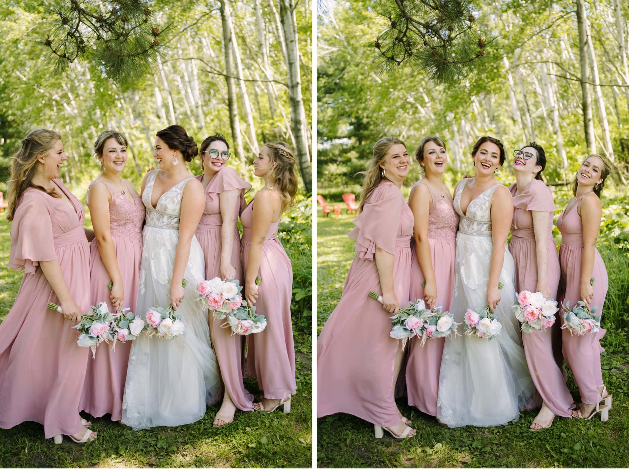 bridal party posing outdoor with bouquets