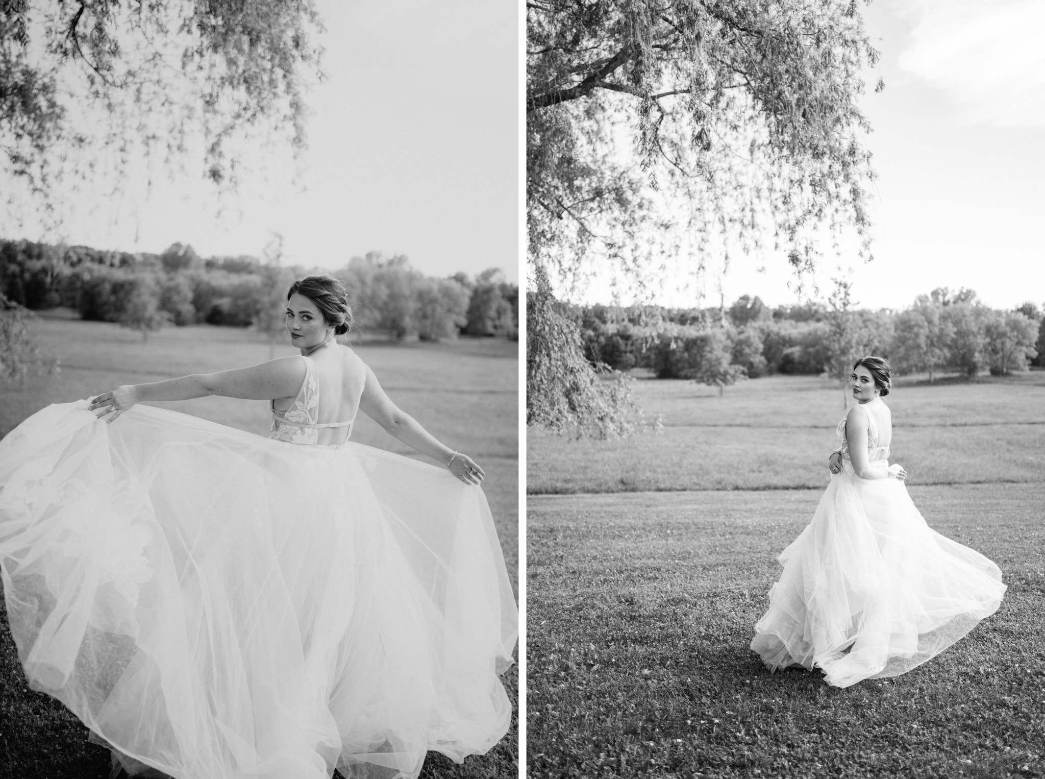 bride spins in dress in field