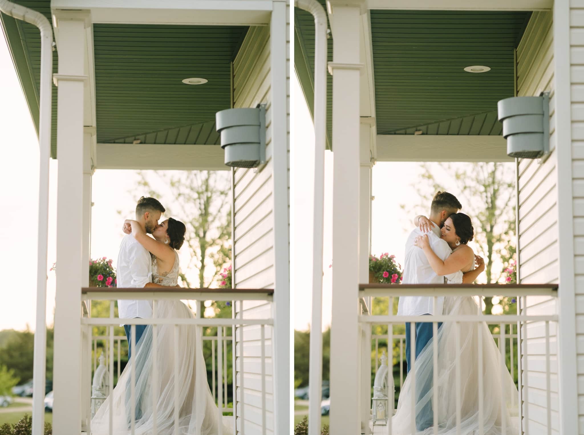bride and groom kiss and hug on homestead porch