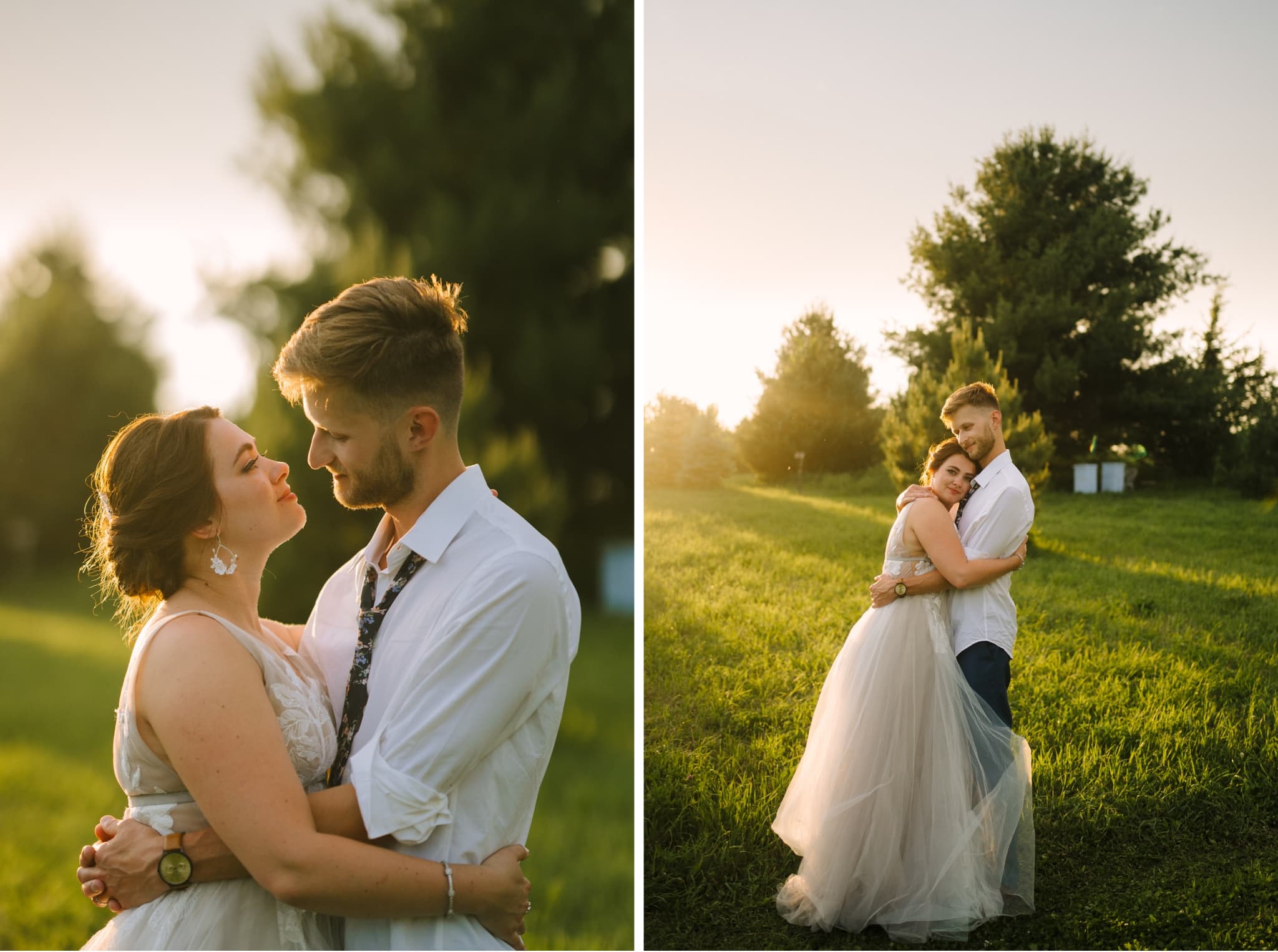 newlyweds embrace in green field at sunset