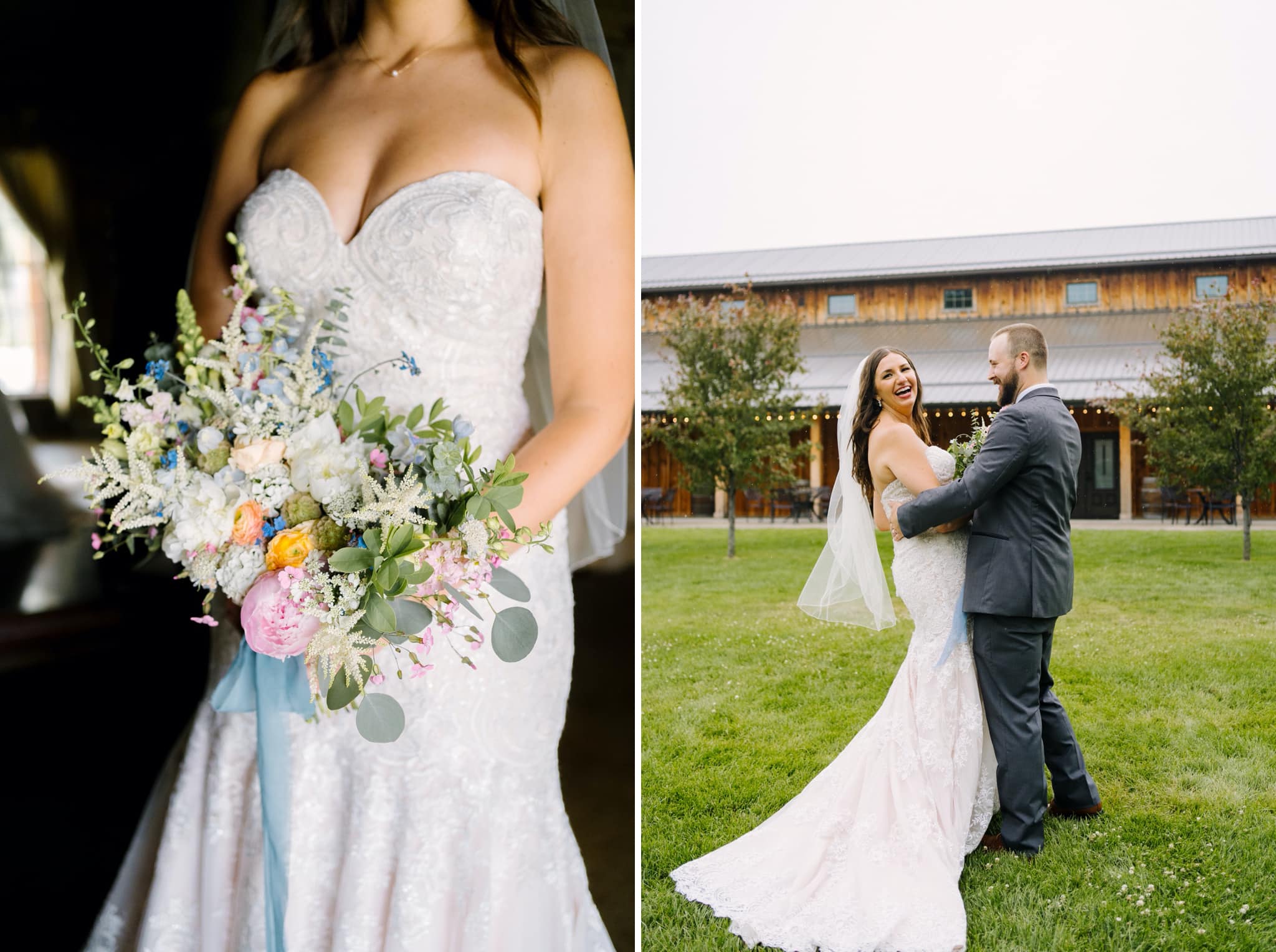 creekside farm wedding bride and groom with bouquet