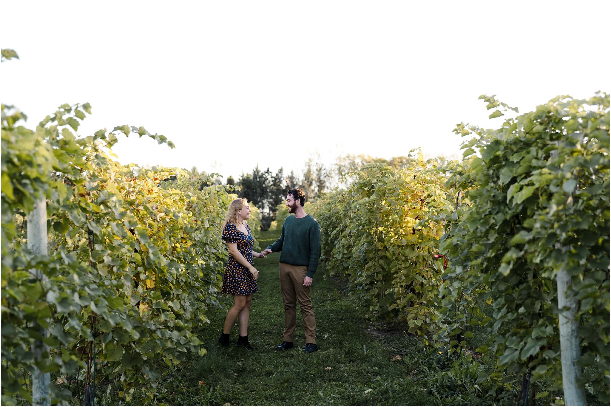 Couple holding hands during their apple orchard photoshoot in minnesota