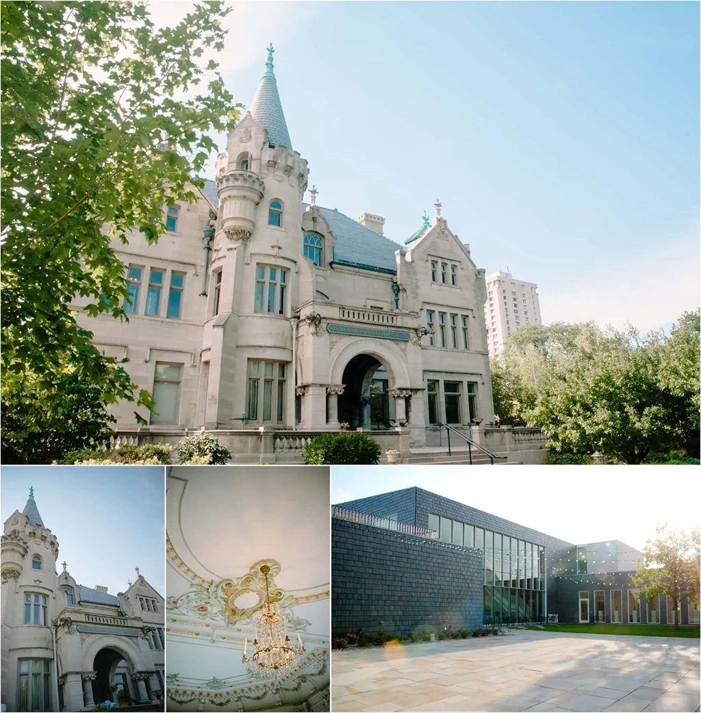 Different spaces of the American Swedish institute Minnesota Wedding Venue in Minneapolis, top shows the Mansion and the bottom shoes the courtyard and details of the venue.