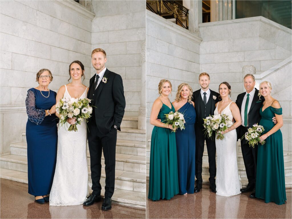 Bride and groom with immediate family posing for wedding family photos