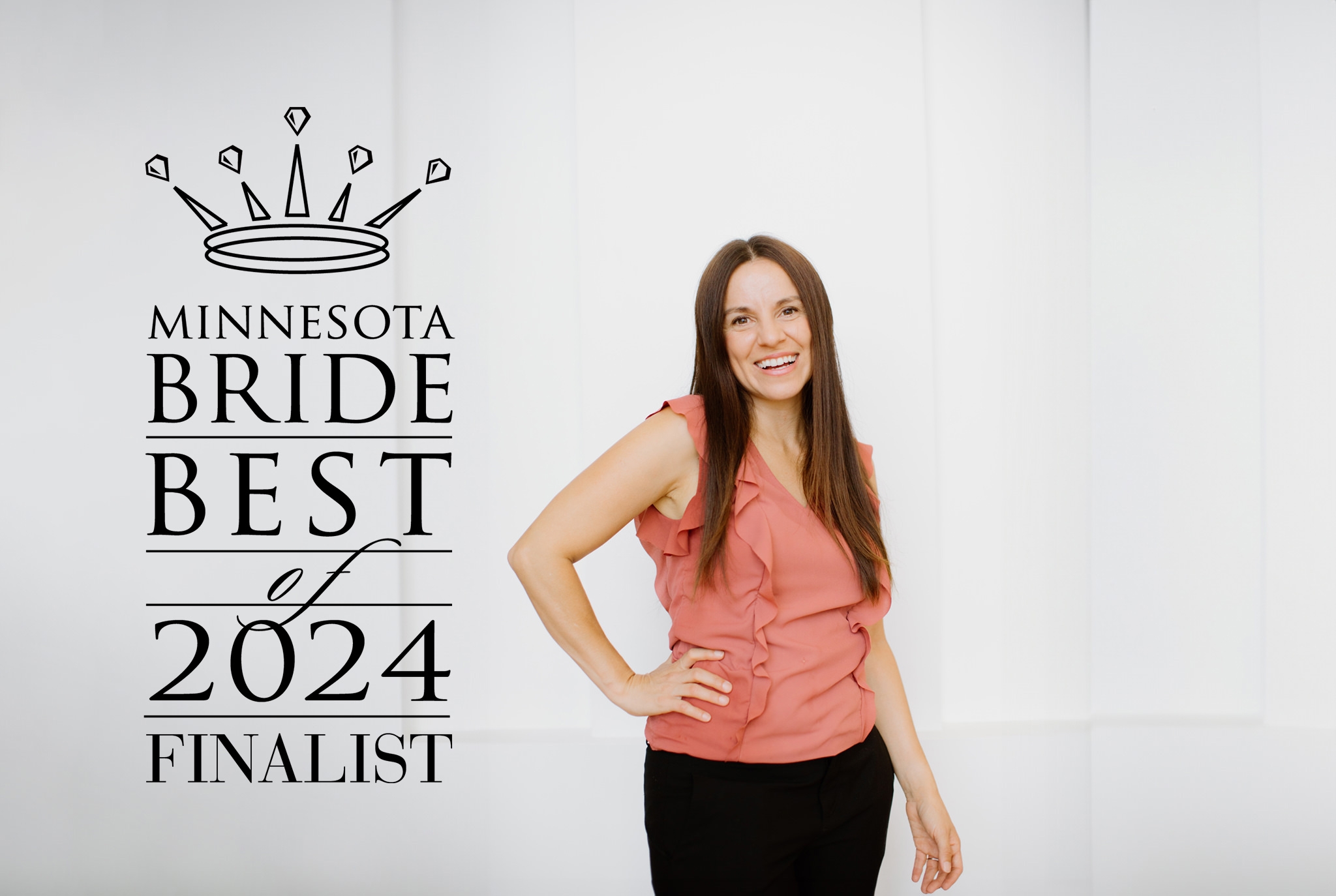 Minnesota Wedding Photographer Laura Alpizar poses next to nomination in text